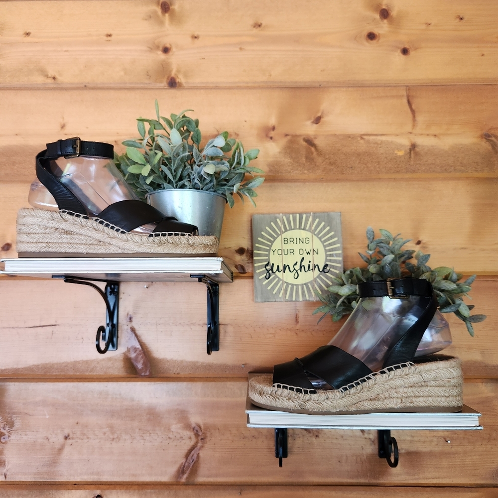 Nine West 💜 Edwisha Espadrilles Wedge Platform Sandals Black Leather Shoe 6.5 M